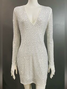 Windsor White Long-Sleeve V-Neck Rhinestone Embellished Mini Dress Size Xl